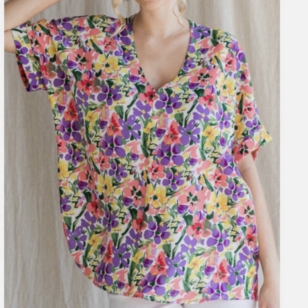 JODIFL Floral Short Sleeve Top - Pink, Yellow, Purple